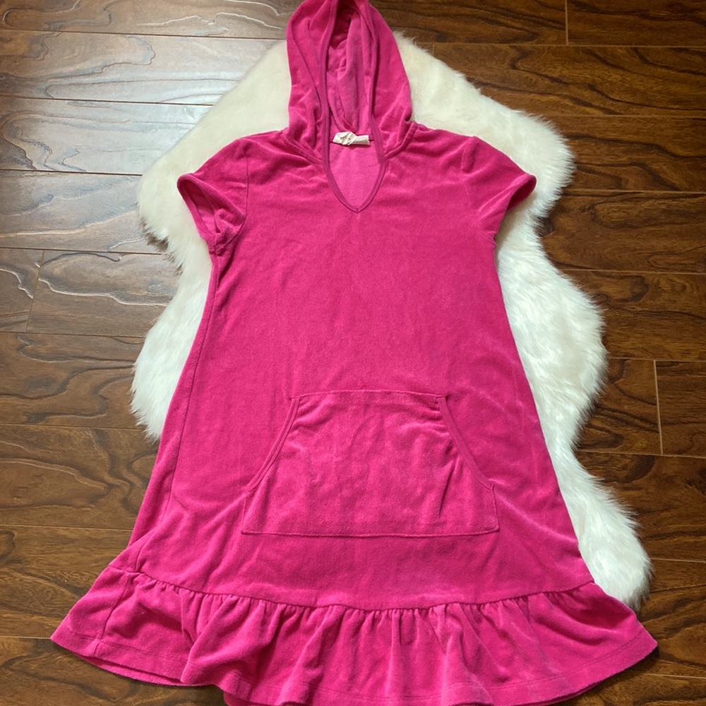 Bright pink terry like hoodie dress in size 12